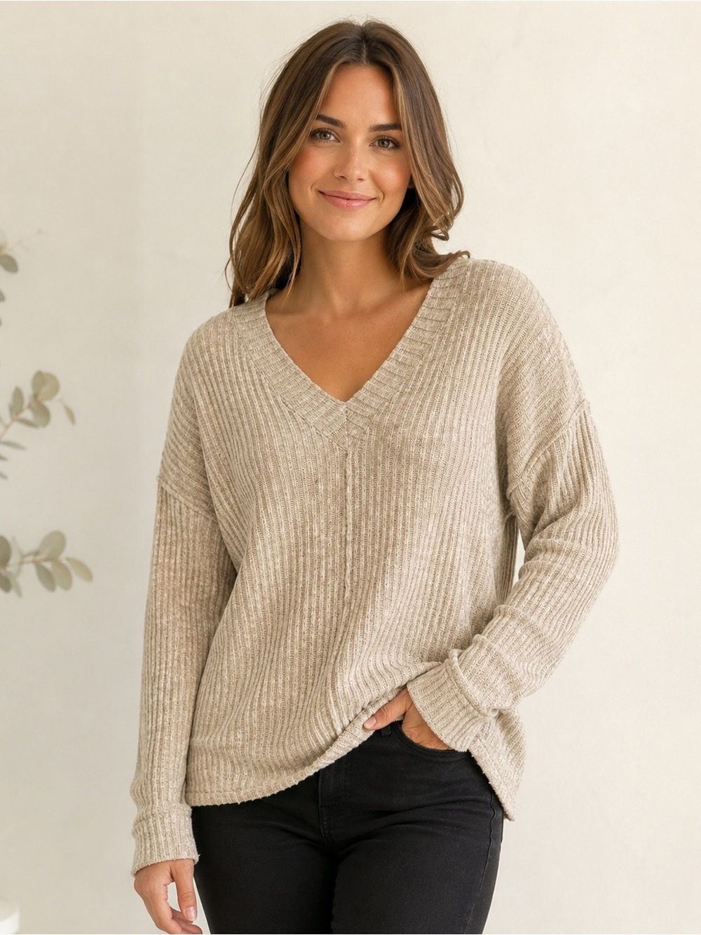 Caslon‎ Cream Ribbed V-Neck Oversized Sweater Size XL NWT